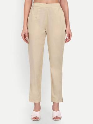beige high waist cotton trousers for women with side pocket 1