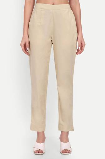 beige high waist cotton trousers for women with side pocket