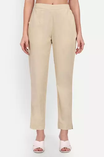 beige high waist cotton trousers for women with side pocket
