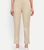 beige high waist cotton trousers for women with side pocket