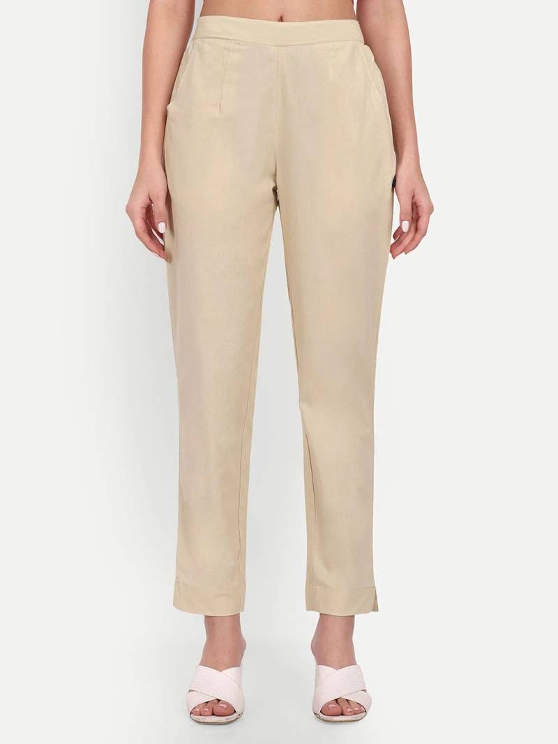 beige high waist cotton trousers for women with side pocket