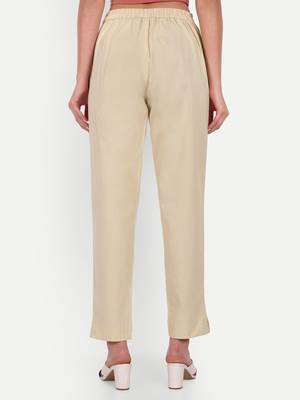 beige high waist cotton trousers for women with side pocket 2