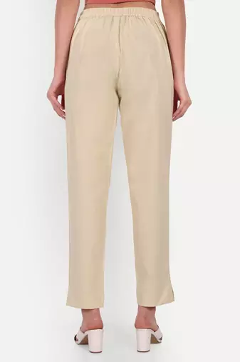 beige high waist cotton trousers for women with side pocket