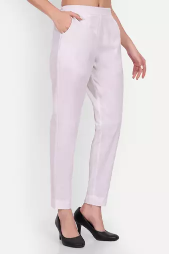 white high waist cotton trousers for women with side pocket