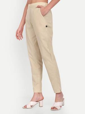 beige high waist cotton trousers for women with side pocket 3