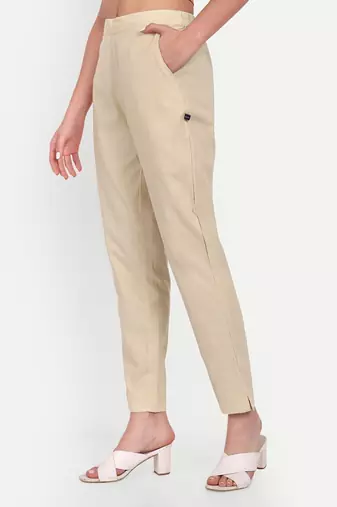 beige high waist cotton trousers for women with side pocket