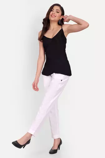 white high waist cotton trousers for women with side pocket