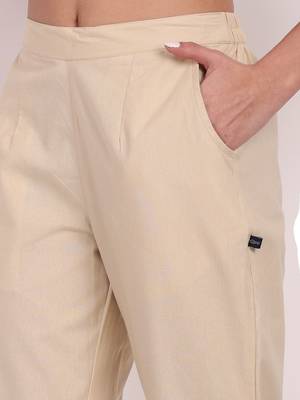 beige high waist cotton trousers for women with side pocket 5