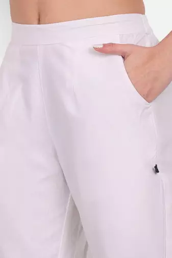 white high waist cotton trousers for women with side pocket