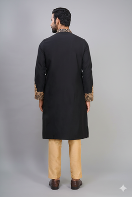 black ethnic embroidered silk kurta pant set for men 2
