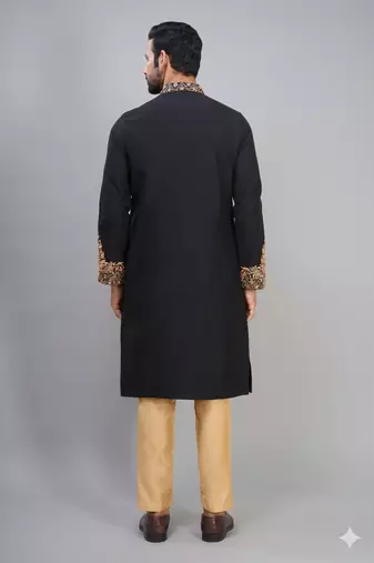 black ethnic embroidered silk kurta pant set for men