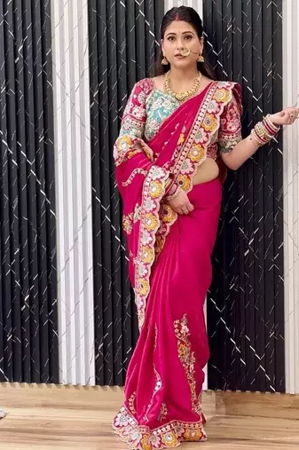 Designer soft rangoli silk embroidered work saree with stitched blouse