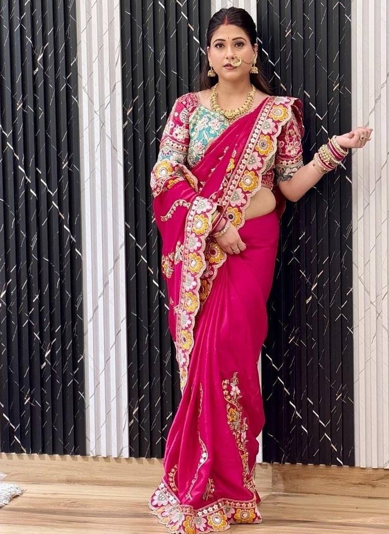 Designer soft rangoli silk embroidered work saree with stitched blouse