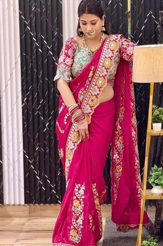 Designer soft rangoli silk embroidered work saree with stitched blouse