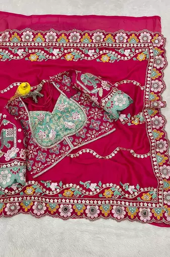 Designer soft rangoli silk embroidered work saree with stitched blouse