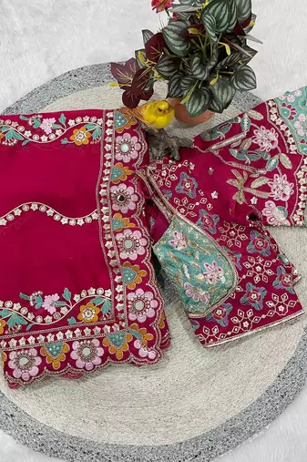 Designer soft rangoli silk embroidered work saree with stitched blouse