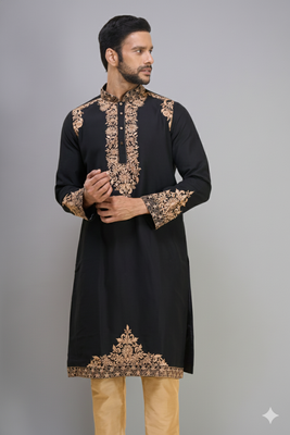 black ethnic embroidered silk kurta pant set for men 3
