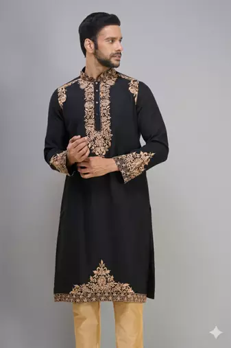 black ethnic embroidered silk kurta pant set for men