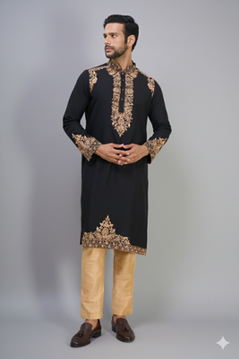 black ethnic embroidered silk kurta pant set for men 4