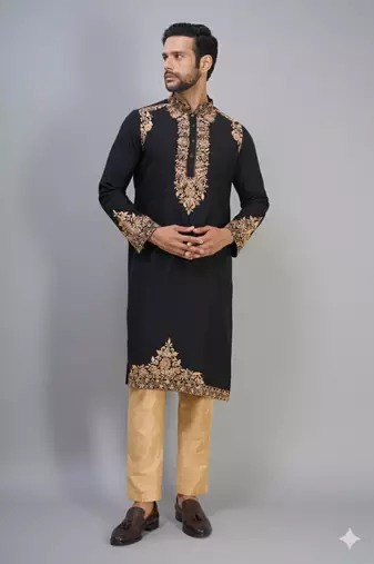 black ethnic embroidered silk kurta pant set for men