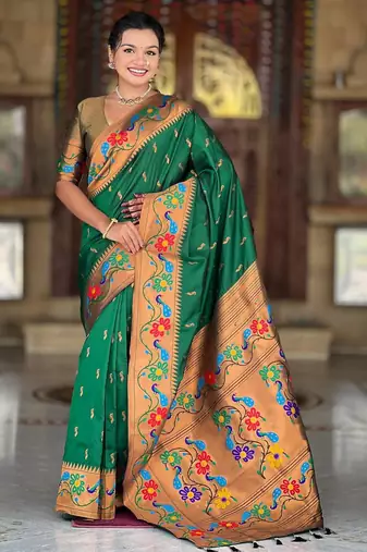 Green elegant art silk woven saree with rich zari border