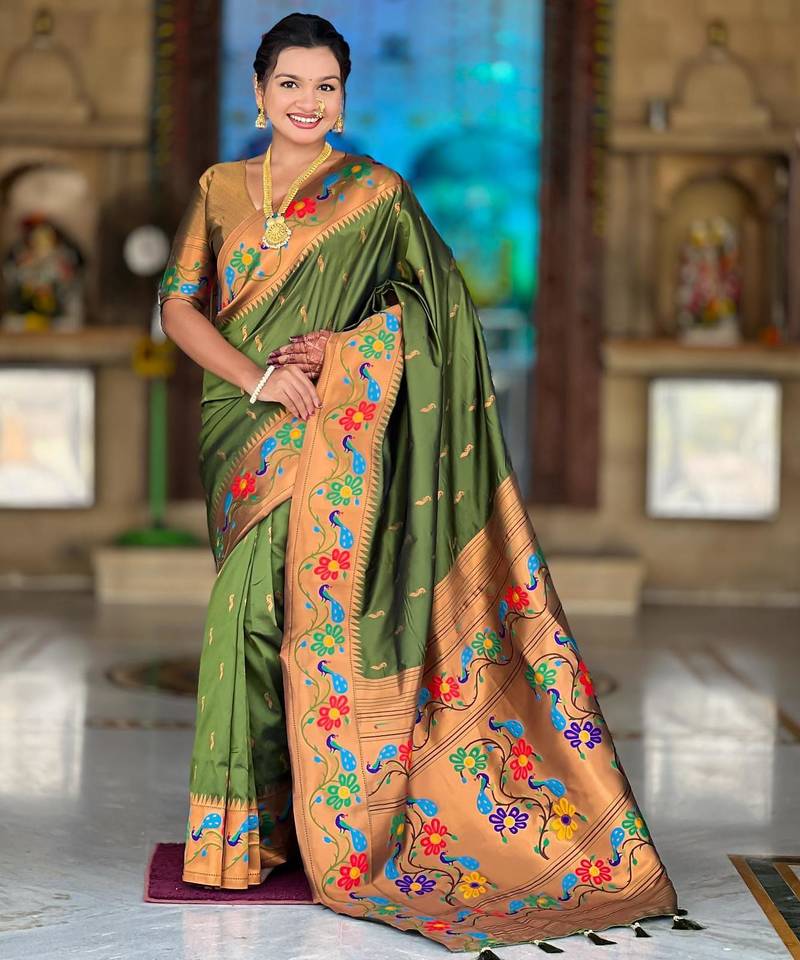 Mehendi elegant art silk woven saree with rich zari border