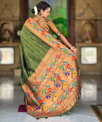 Mehendi elegant art silk woven saree with rich zari border 2