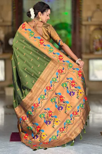 Mehendi elegant art silk woven saree with rich zari border