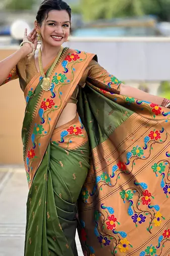 Mehendi elegant art silk woven saree with rich zari border
