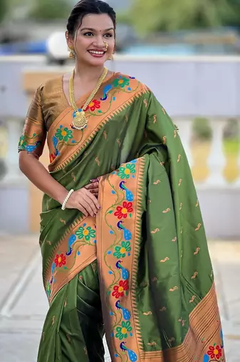 Mehendi elegant art silk woven saree with rich zari border