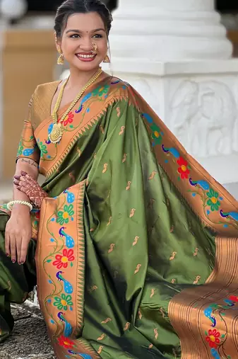 Mehendi elegant art silk woven saree with rich zari border