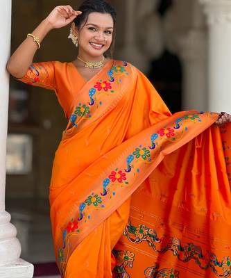 Orange elegant art silk woven saree with rich zari border 3