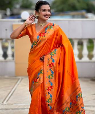 Orange elegant art silk woven saree with rich zari border 4