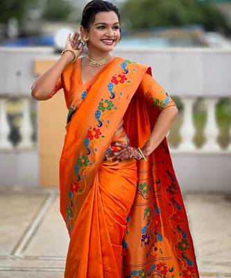 Orange elegant art silk woven saree with rich zari border 5