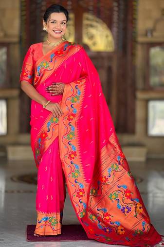 Pink elegant art silk woven saree with rich zari border