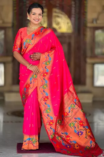 Pink elegant art silk woven saree with rich zari border