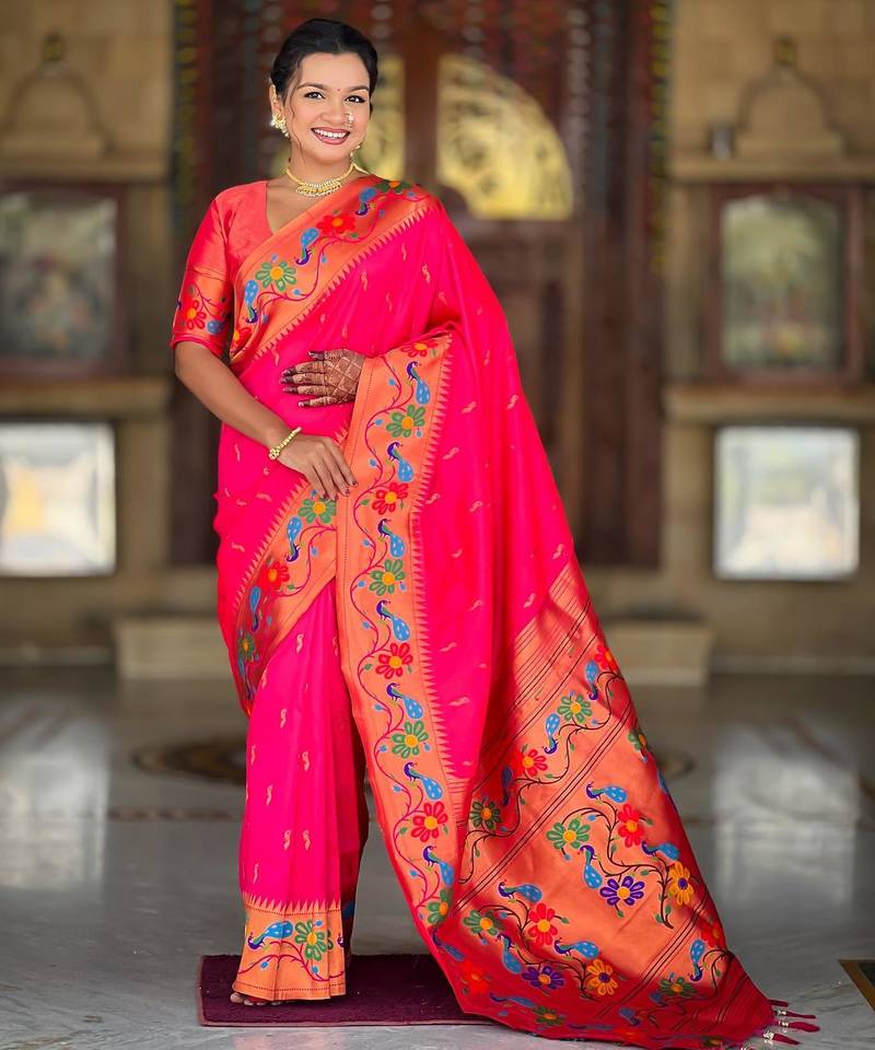 Pink elegant art silk woven saree with rich zari border