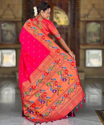 Pink elegant art silk woven saree with rich zari border 2