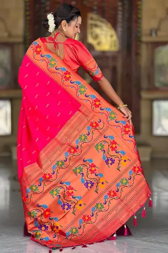 Pink elegant art silk woven saree with rich zari border