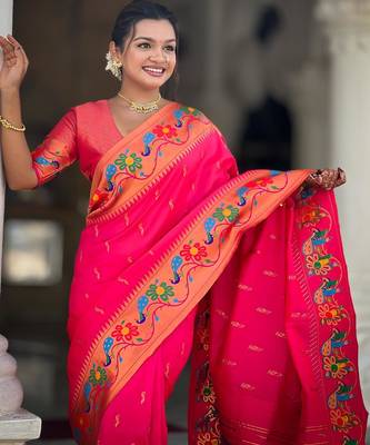 Pink elegant art silk woven saree with rich zari border 3