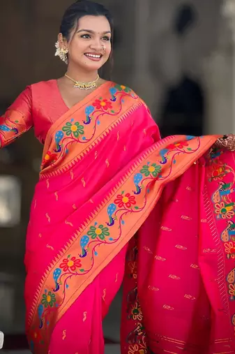 Pink elegant art silk woven saree with rich zari border