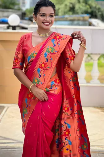 Pink elegant art silk woven saree with rich zari border