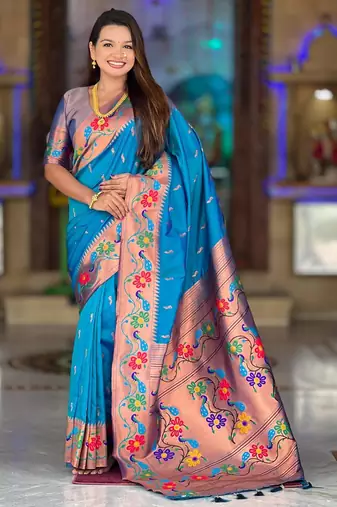 Sky blue elegant art silk woven saree with rich zari border