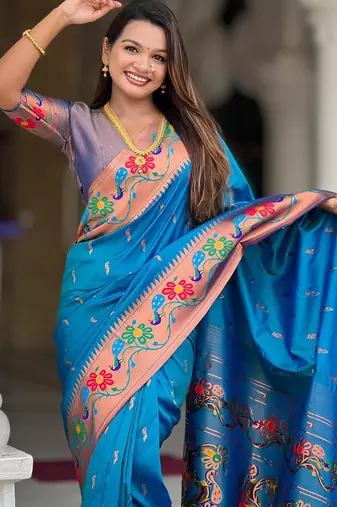 Sky blue elegant art silk woven saree with rich zari border