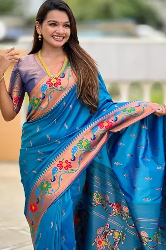 Sky blue elegant art silk woven saree with rich zari border