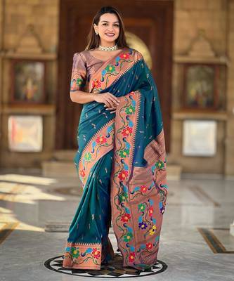 Teal elegant art silk woven saree with rich zari border 1