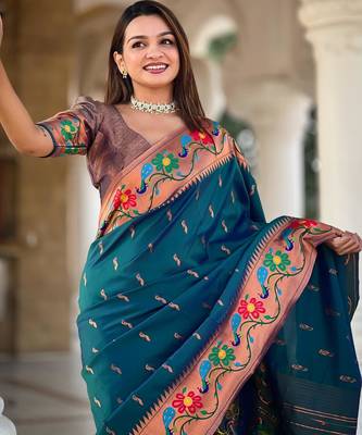 Teal elegant art silk woven saree with rich zari border 3