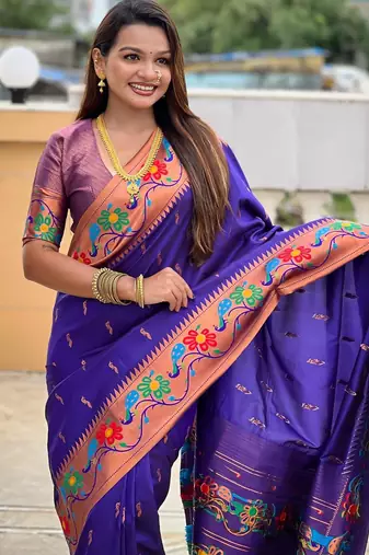 Violet elegant art silk woven saree with rich zari border