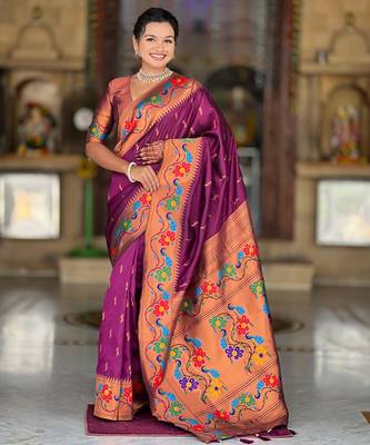 Wine elegant art silk woven saree with rich zari border 1