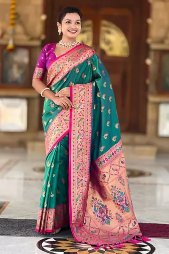 Rama green elegant art silk woven saree with rich zari border